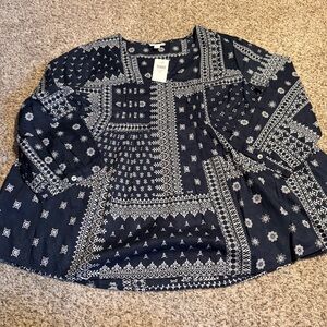 NWT J. Jill Navy Blue & White Pintuck Bandana Print Cotton Blouse - XL